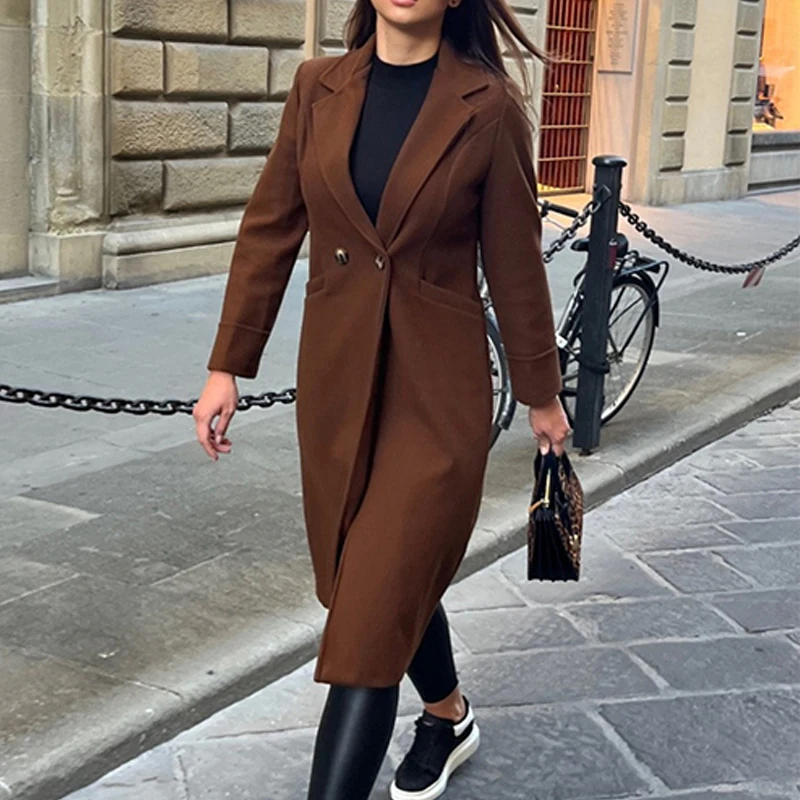 

Women Double Breasted Long Sleeve Commuter Overcoat Outwear Autumn Winter Female Jacket Chic Loose Solid Long Wool Coat Tops