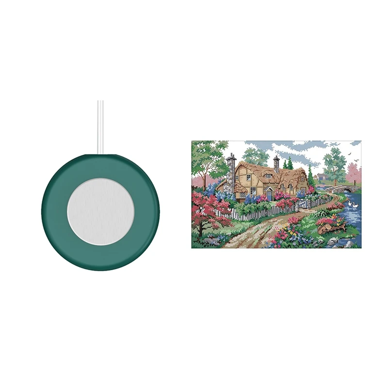

1 Set Embroidery Starter Kits 14CT Stamped Cross Stitch Kits A Country Cabin & 1 Pcs Coffee Warmer For Desk Mug Warmer
