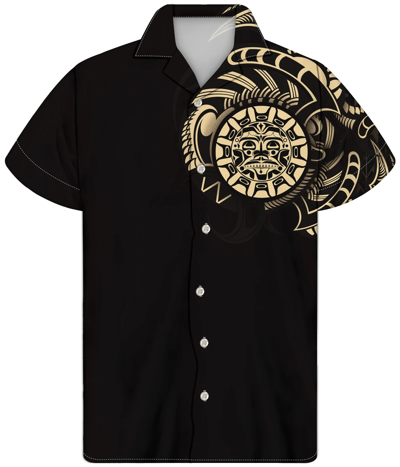 Men's Haute Button Tribal Polynesian Top Black Background With Gold Stripes Face Print Casual Short Sleeves