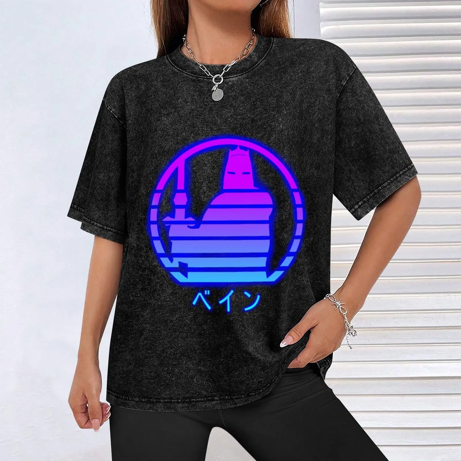 Фиолетовая с синим свечением Ретро футболка японским текстом индивидуальные