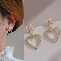 exquisite cute cherry blossom heart earrings for women korean sweet crystal pink flower stud earrings girls fashion jewelry gift
