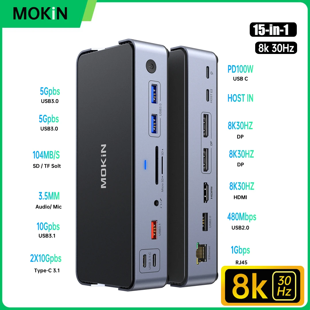 

Док-станция для ноутбука MOKiN 8K USB C, 15 в 1, 6 портов USB A/C, 100 Вт PD,Ethernet,SD и TF, аудио для Dell/HP/MacBook/Lenovo