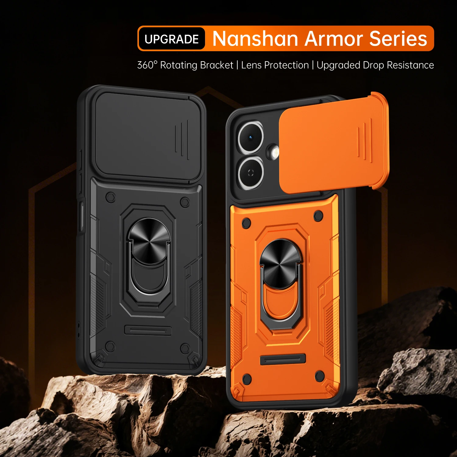 Фото Противоударный чехол Nanshan Armor для Tecno Spark Go 2 KM4 с защитой камеры, металлическим кольцом-подставкой и держателем для телефона №1