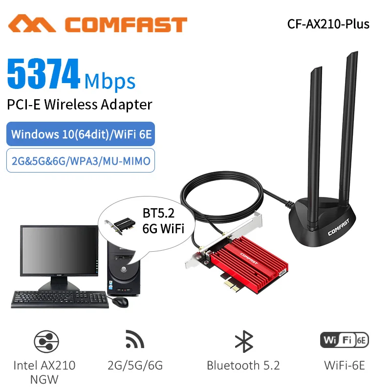 

Tri band Wi-Fi 6E AX210 Bluetooth 5.2 беспроводной 3000/5374 Мбит/с 2,4G/5 ГГц/6G WiFi 802.11AX/AC PCI Express сетевой адаптер для ПК