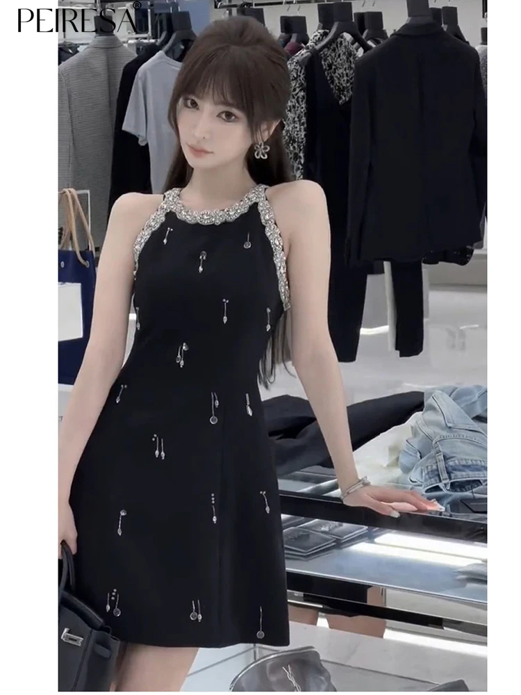 

PEIRESA Luxury Design Celebrity Halter Evening Dress Women Rhinestone Off Shoulder Sleeveless Slim Waist A Line Short Dresses