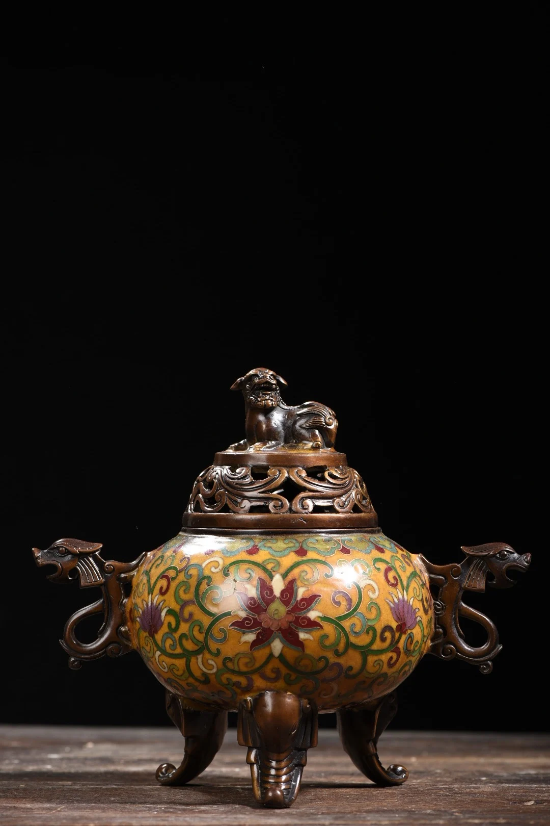 

10" Tibetan Temple Collection Old Bronze Cloisonne Enamel lion dragon head binaural lotus incense burner Town house Exorcism