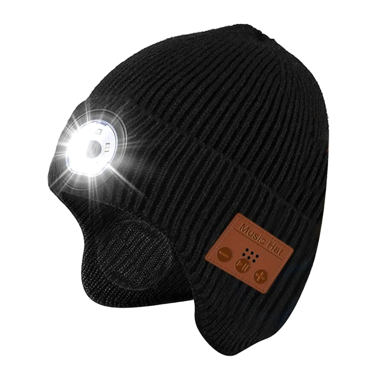 

Шапка-бини со светодиодной подсветильник кой и зарядкой от USB и динамиками Bluetooth для женщин, зимняя теплая вязаная шапка с защитой ушей