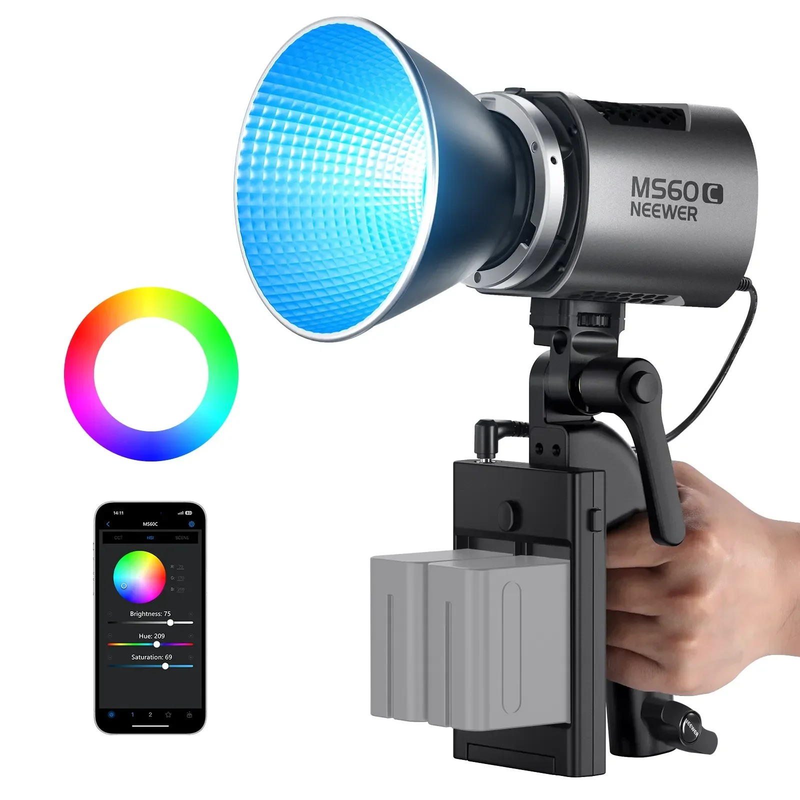 

NEEWER MS60C RGBWW LED Video Light With 2.4G/APP Control, 65W Metal Mini RGB COB Continuous Output Lighting Bowens Mount
