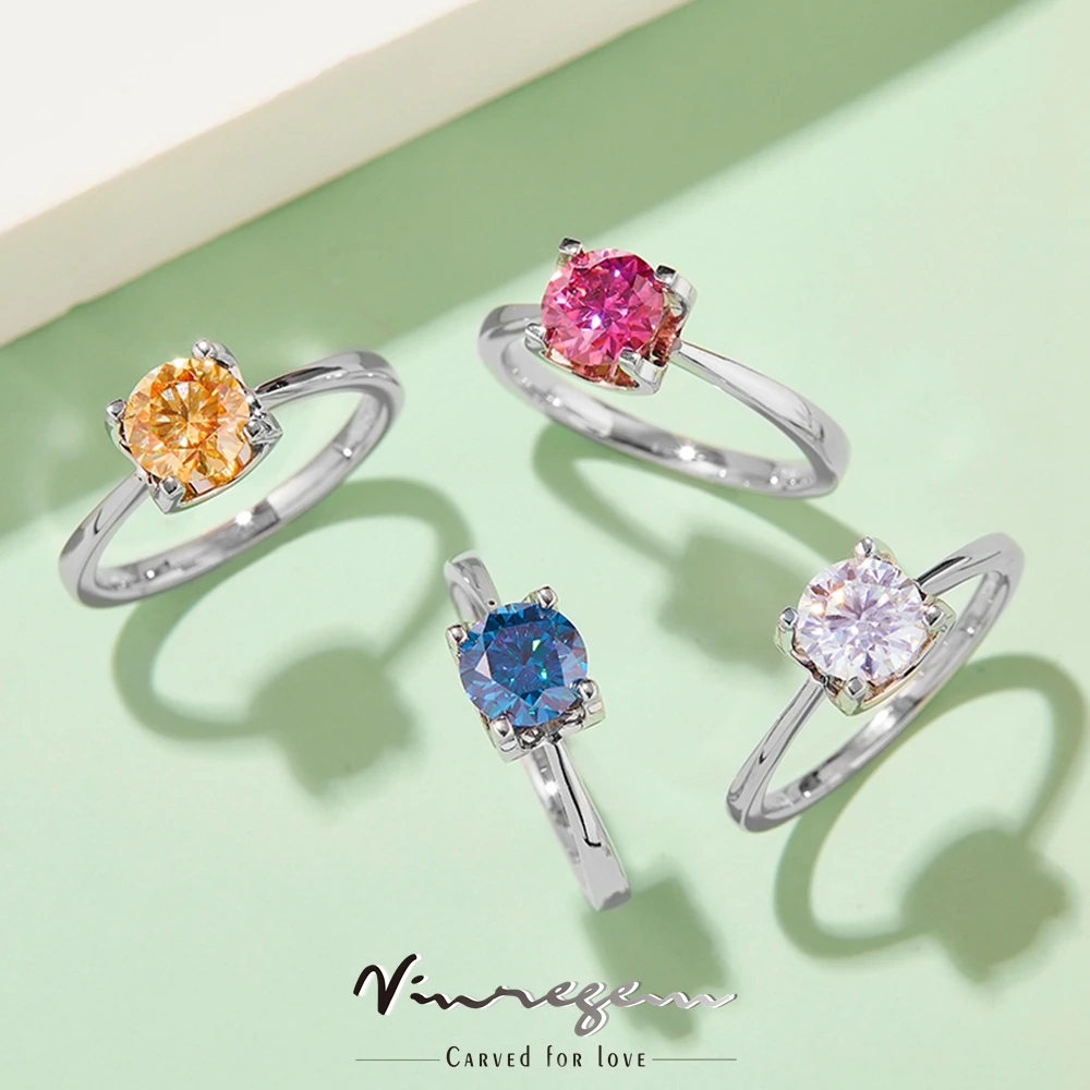 

Vinregem 925 Sterling Silver 18K White Gold 1CT Colorful Moissanite Pass Test Diamond Wedding Ring for Women Gifts Drop Shipping