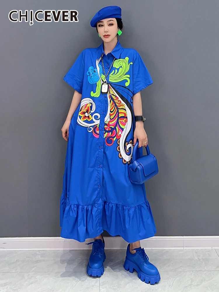 

CHICEVER Print Vintage Dresses For Women Lapel Short Sleeve High Waist Loose Single Breasted Spliced Ruffles A Line Dress Female