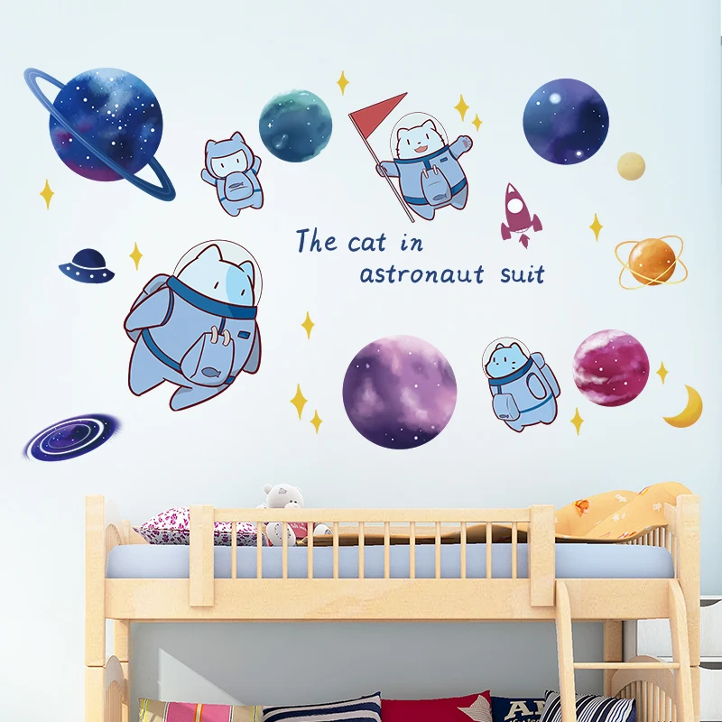 

[shijuekongjian] Cats Astronauts Wall Stickers DIY Stars Planets Wall Decals for Kids Rooms Baby Bedroom Nursery Home Decoration