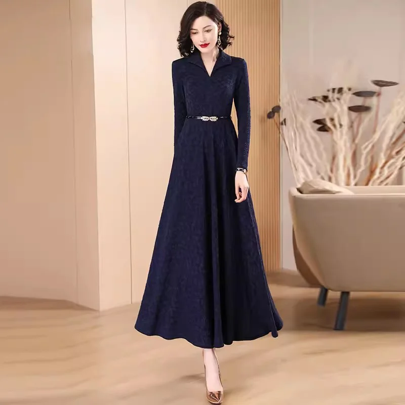 

New Women Navy Blue Jacquard Knitted Long Dress Spring Autumn Fashion Vintage V-Neck Sleeve Overlength Slim Pullover