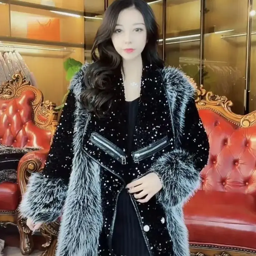 Heavy Fur 2022 New Winter Clothes Fur Integrated Mid-Length Tuscan Lamb Wool Coat for Women Temperament Streetwear Luxury Jacket