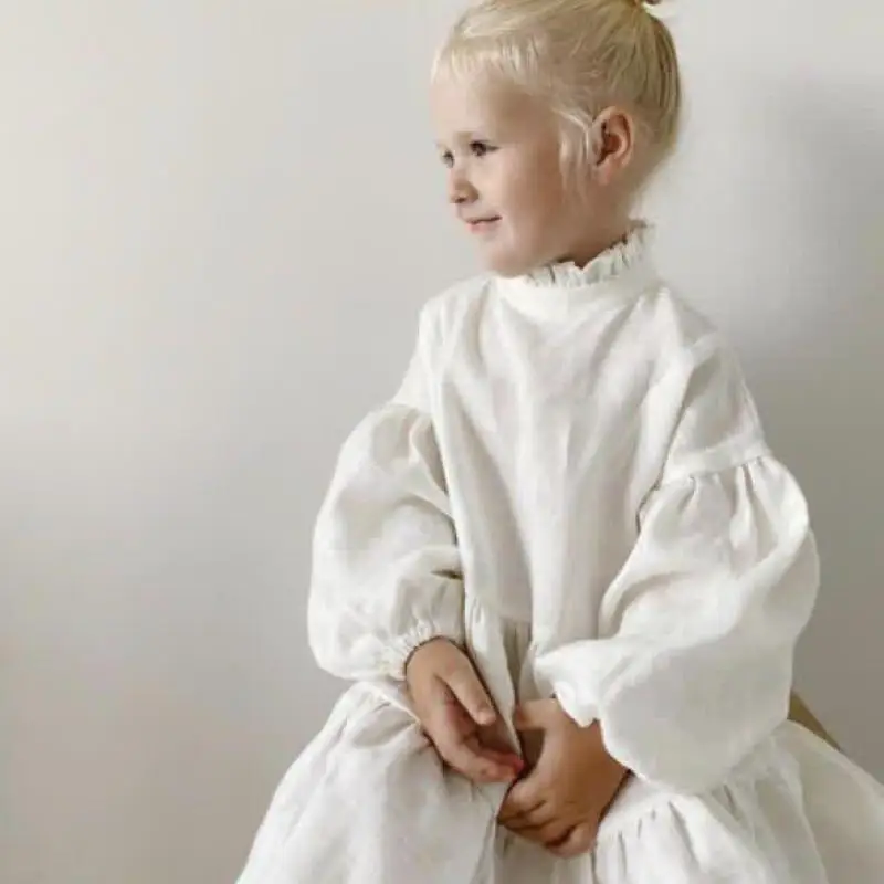 

Autumn England Style Girl Baby Ruffle Collar Solid Simple Puff Sleeves Casual Dress Children Cotton Linen Party Princess Dresses