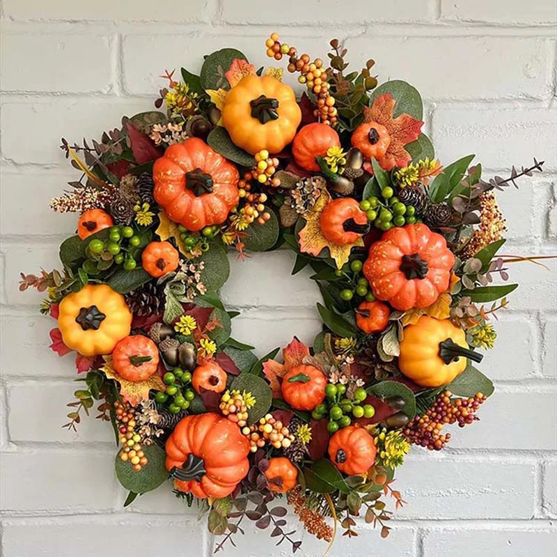 

45cm Fall Wreaths for Front Door Autumn Wreath with Berry Pumpkin, Maple Leaves, Thanksgiving Harvest Festival Home Decoration