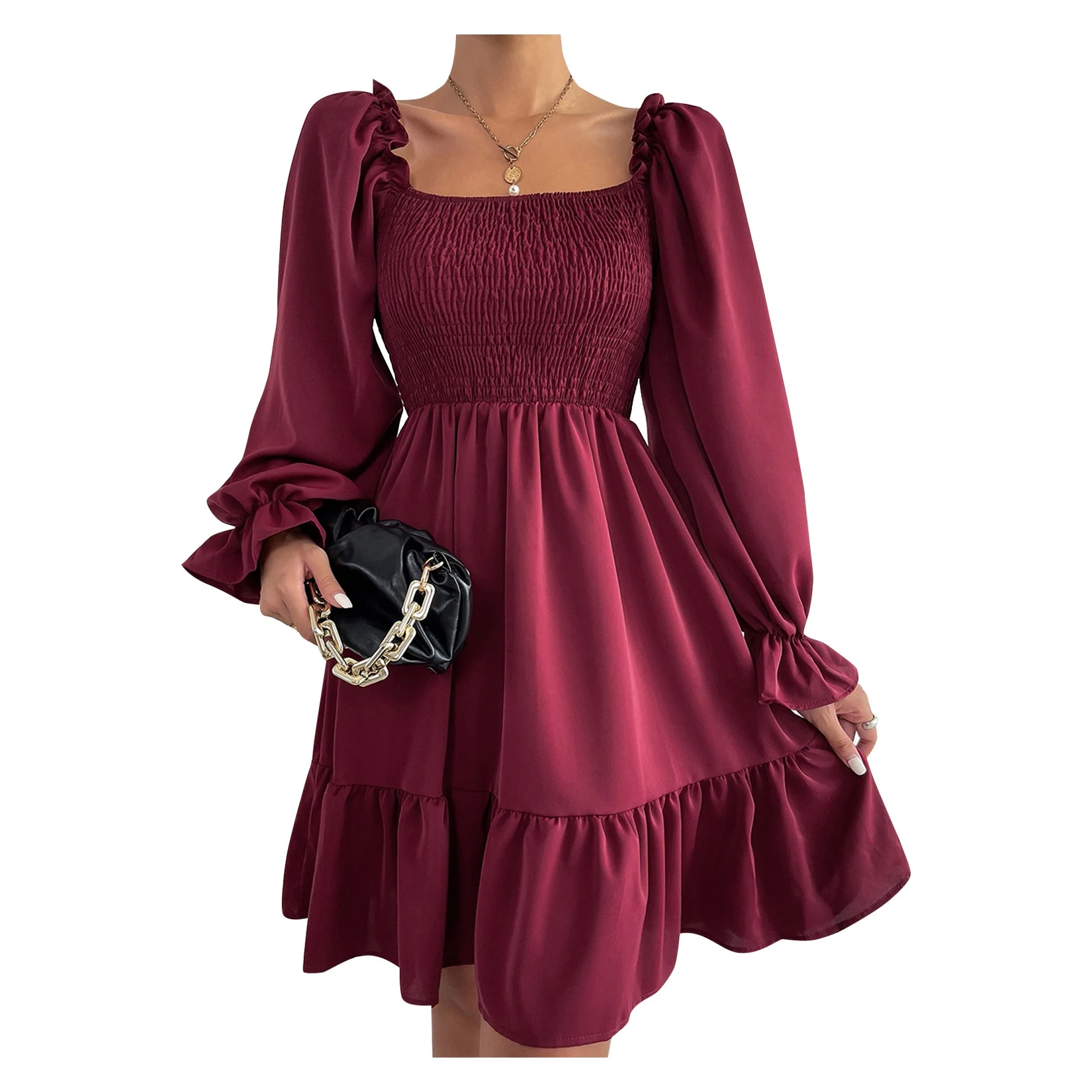 

Короткая юбка с оборками и длинным рукавом, облегающее приталенное платье с высокой талией, элегантное приталенное платье с квадратным выр...