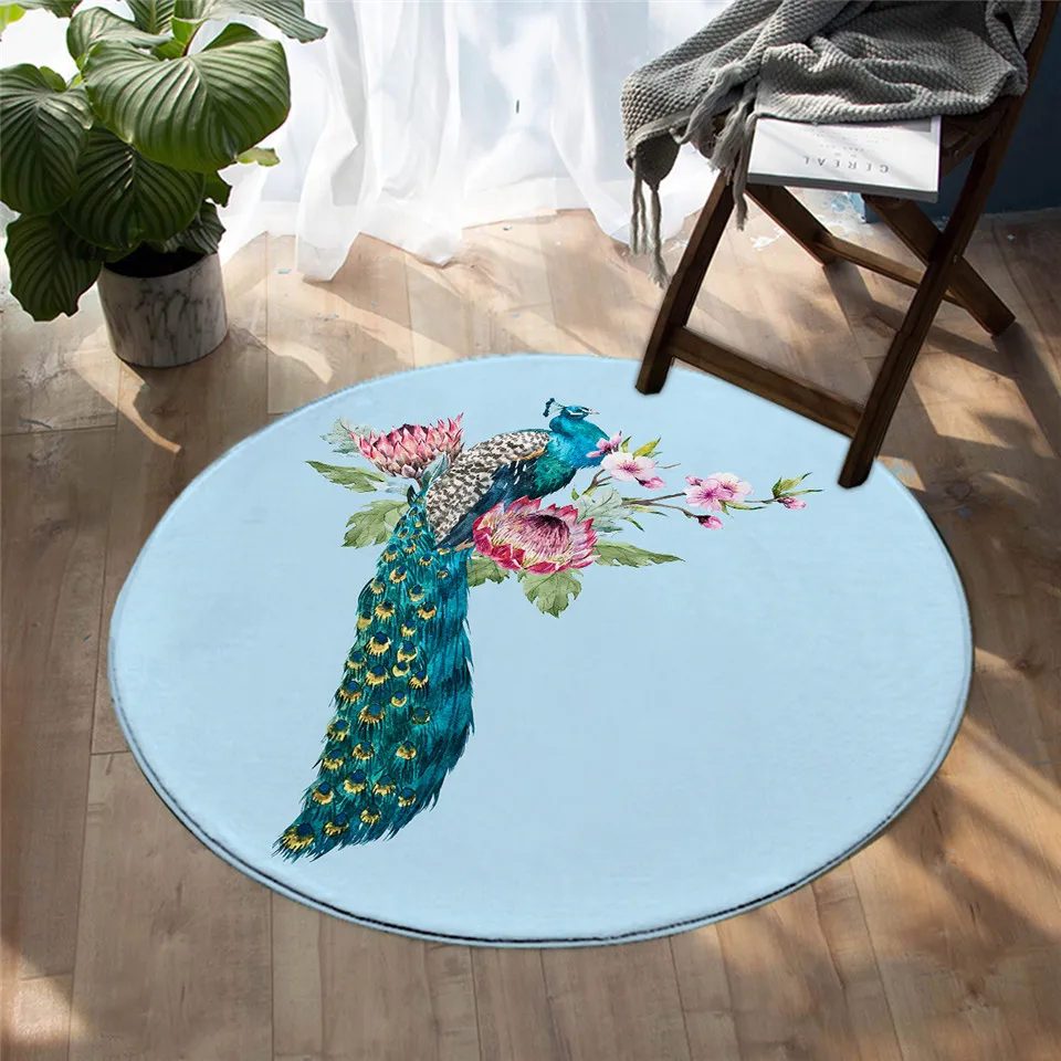 

Peacock Bedroom Floor Mat Pink Flower Round Carpet Watercolor Modern Area Rug Animal Living Room Alfombra