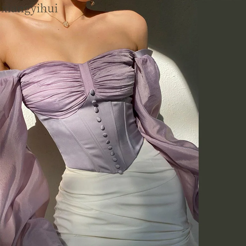 

French Style Palace Vintage Slash Neck Long Sleeve Purple Shirt Bandage Blouses Tops 2022 Lantern Sleeve Top Corset Shirts