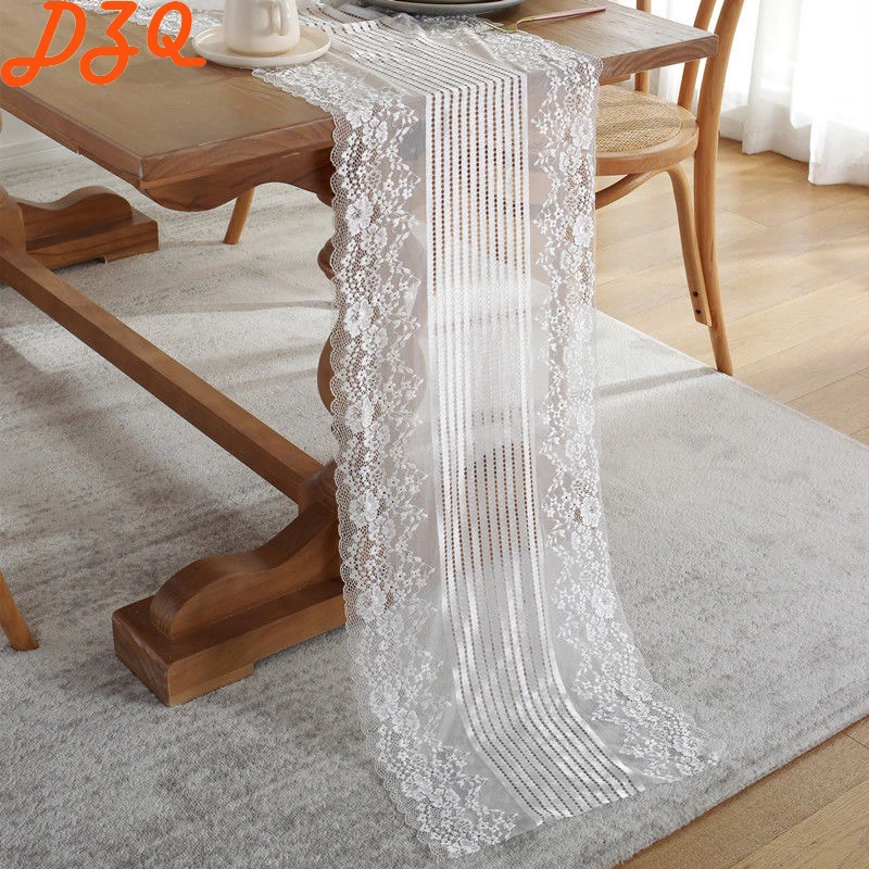 French Retro White /Black Lace Tulle Table Runner Flowers Slender Strip Tablecloth TV Cabinet /Wedding Decoration #B004