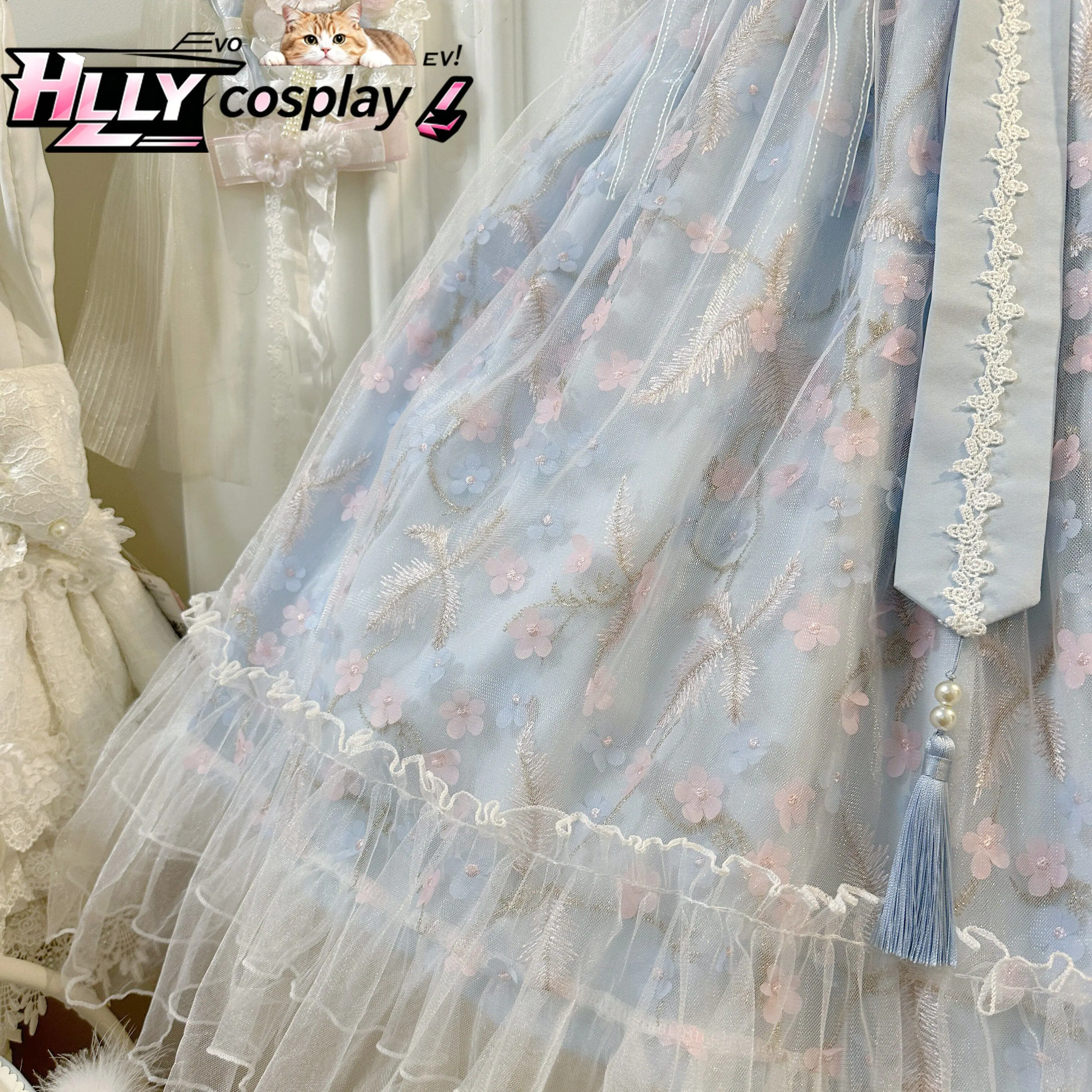 Фото Новое оригинальное платье JSK в китайском стиле Sweet Lolita для женщин и девушек, розовое, синее, многослойное, с кружевом, оборками, бантом на талии, на бретельках, весна-осень №3