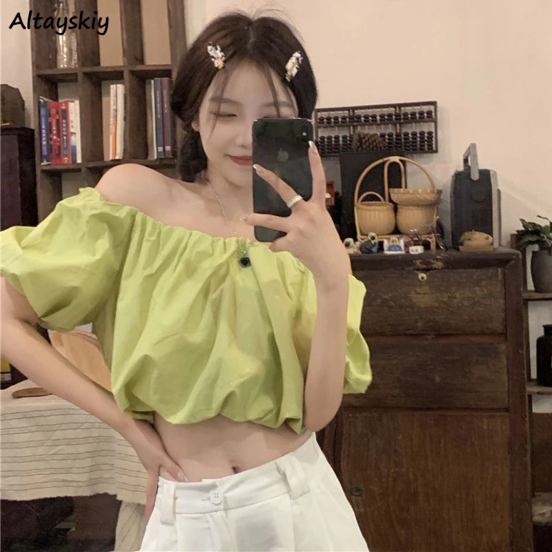 

Slash Neck Blouses Women Puff Sleeve Chic Summer Aesthetic Crop Sexy Clothes Sweet Girlish Summer Holiday Pure Color All-match