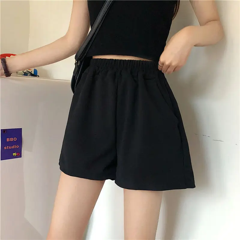 

2022 New Spring Summer Black High Waist Sport Shorts for Woman Elastic Waist Black Casual Shorts Hot Pants Have Pocket
