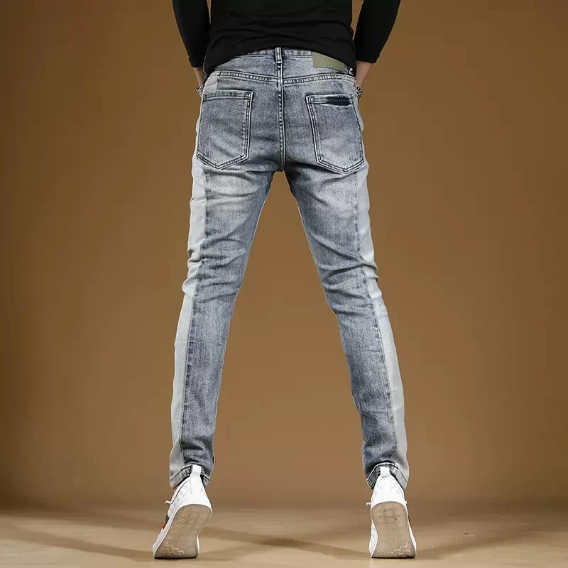 Autumn Men Light Blue Ripped Patchwork Jeans Streetwear Slim Fit Pencil Pants Korean Style Casual Denim Trousers