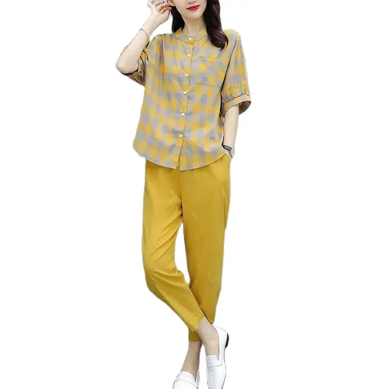 

Женский костюм из 2 предметов, свободная клетчатая рубашка и брюки до щиколотки, комплект из двух предметов, размеры до 3XL, лето 2023