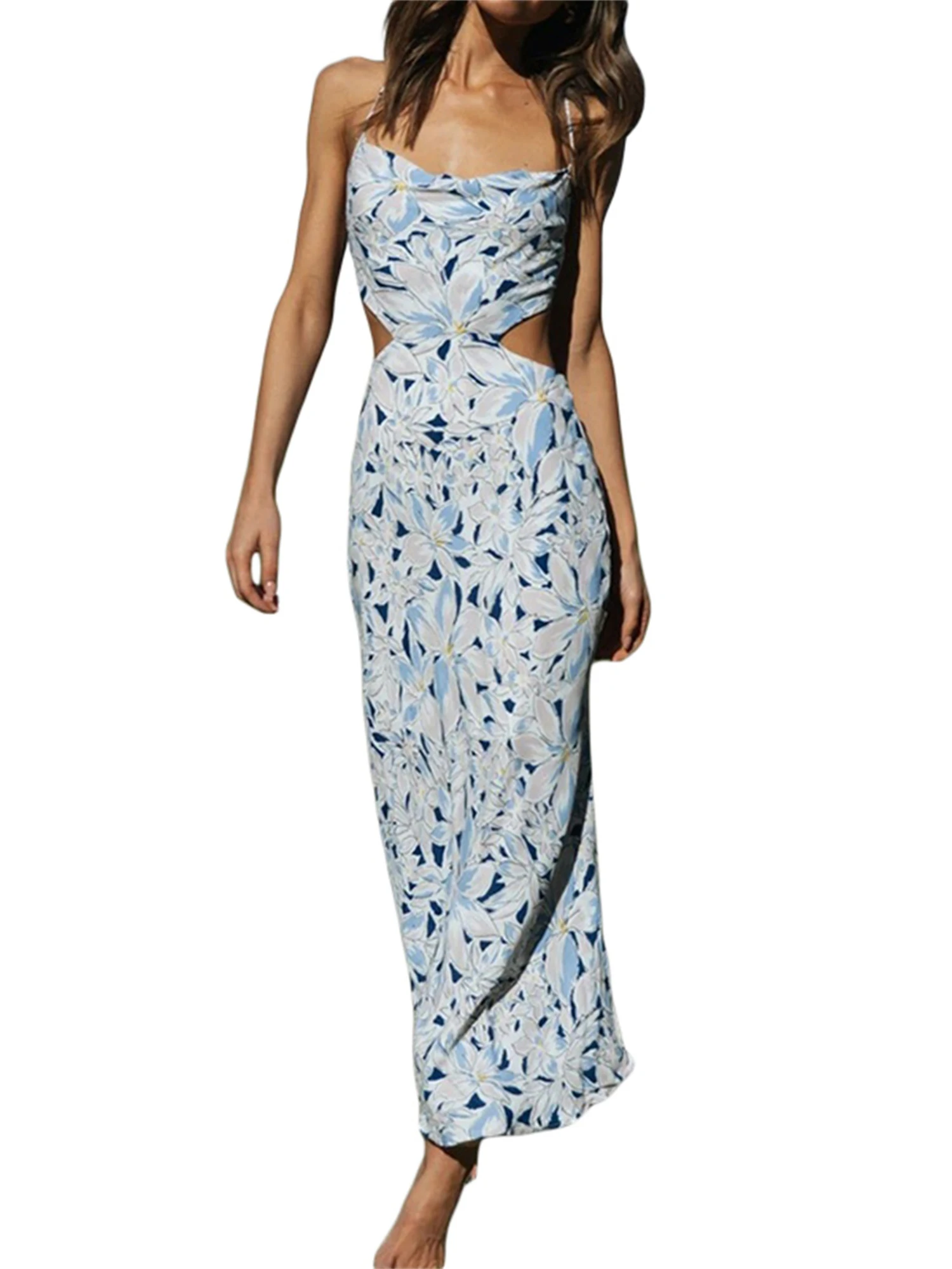 

Women Square Neck Thin Dress Spaghetti Strap Floral Pattern Print Sleeveless Halter Back High-waisted Dress