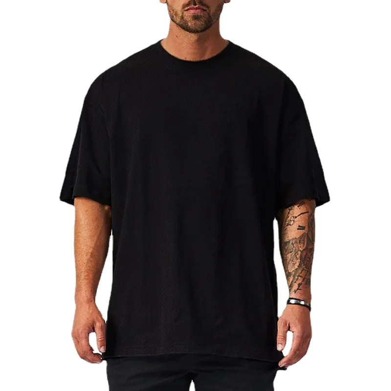 

New Brand Mens Loose Oversized Bodybuilding Fitness Summer Quick-drying Mesh Gym Sports Solid Color Tee Shirt