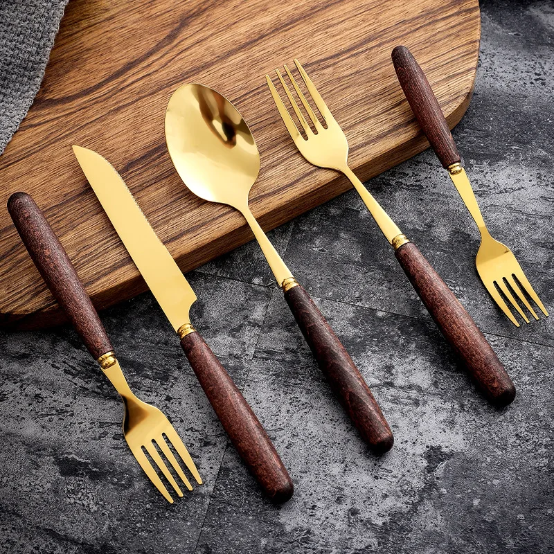 

24 Pcs Beech Handle Dinnerware Cutlery Set Stainless Steel Sharp Steak Dinner Knives Forks Scoops Tableware goldenware Set