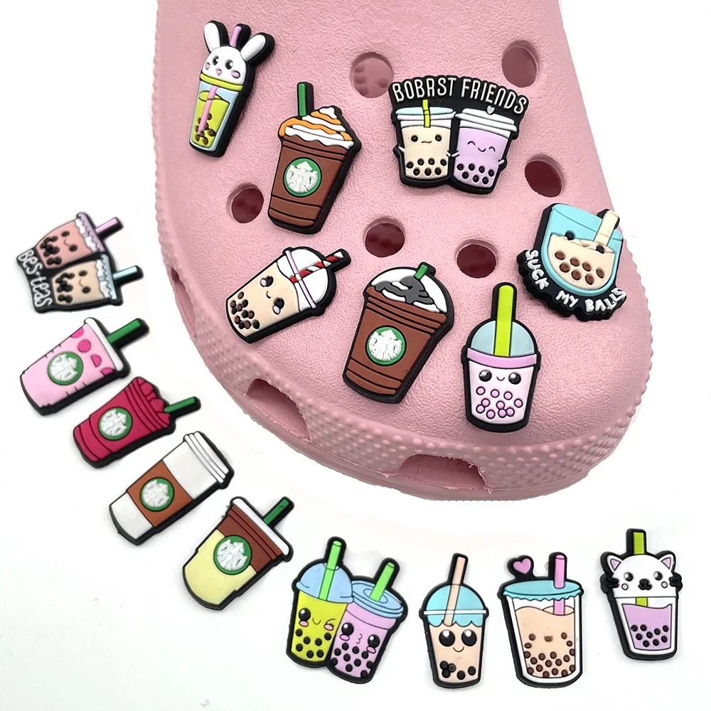 

1-16pcs Milk tea Coffee Shoe Charms croc for jibz Cat Drawings Shoe Accessories Charms Fits for Shoe Decoration Wristband