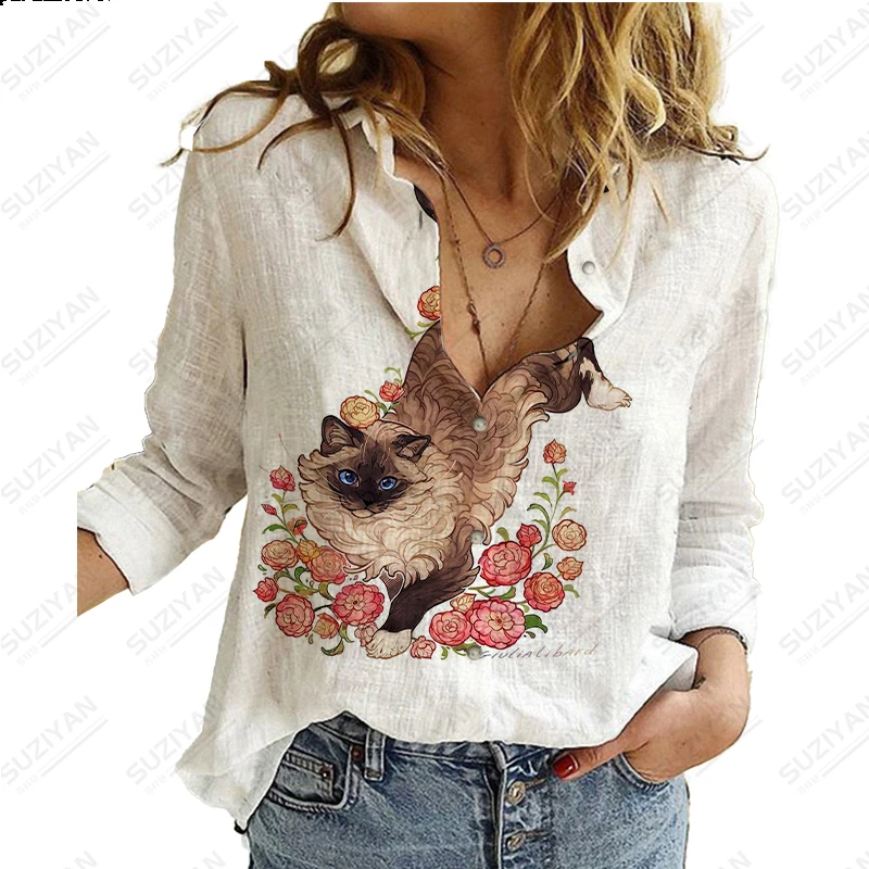 

Spring and Autumn New Women's Long Sleeve Shirt Cute Cat 3D Print Personalized Casual Polo Neck Button Long Sleeve Cardigan Top