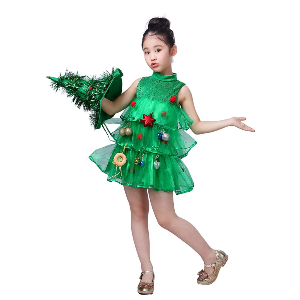 

1set Girls Christmas Tree Sleeveless Dress Costume Children Green Christmas Party Dress Cosplay Set 90cm-160cm