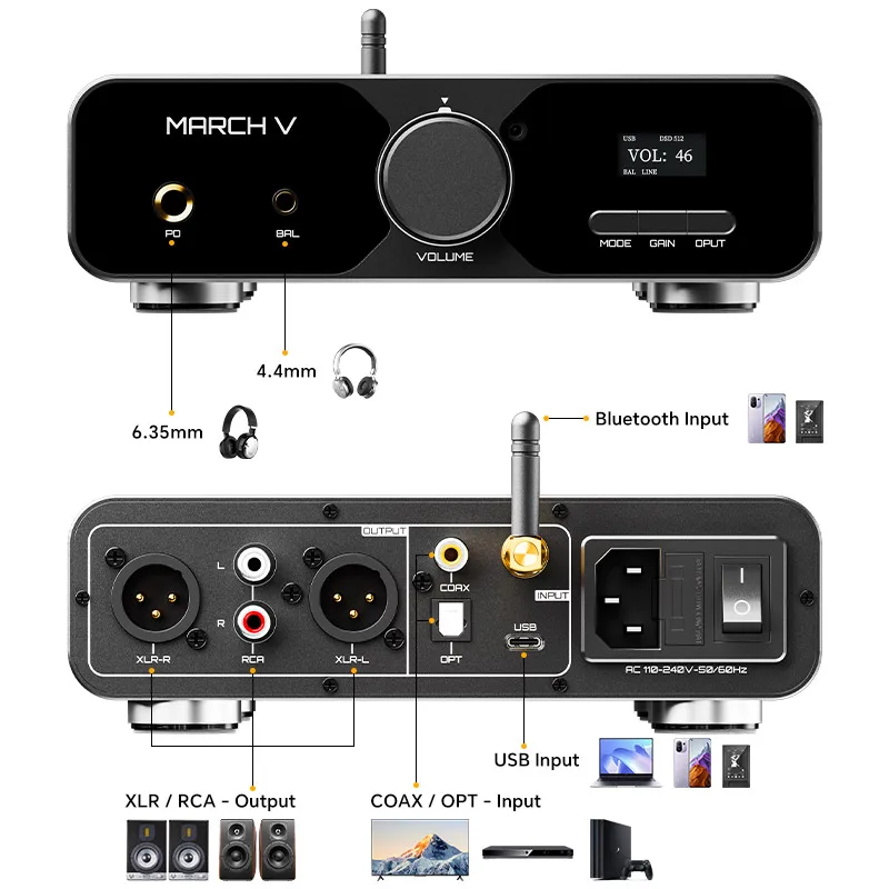 TempoTec EZHiFi MARCH V-M5 USB Bluetooth DAC и усилитель для наушников класса A, коаксиальный, оптический вход SPDIF, выходы 4.4BAL, 6.35PO. Поддержка PCM768kHz, DSD512. (art.: 3920da7d457fa) - 3920da7d457fa
