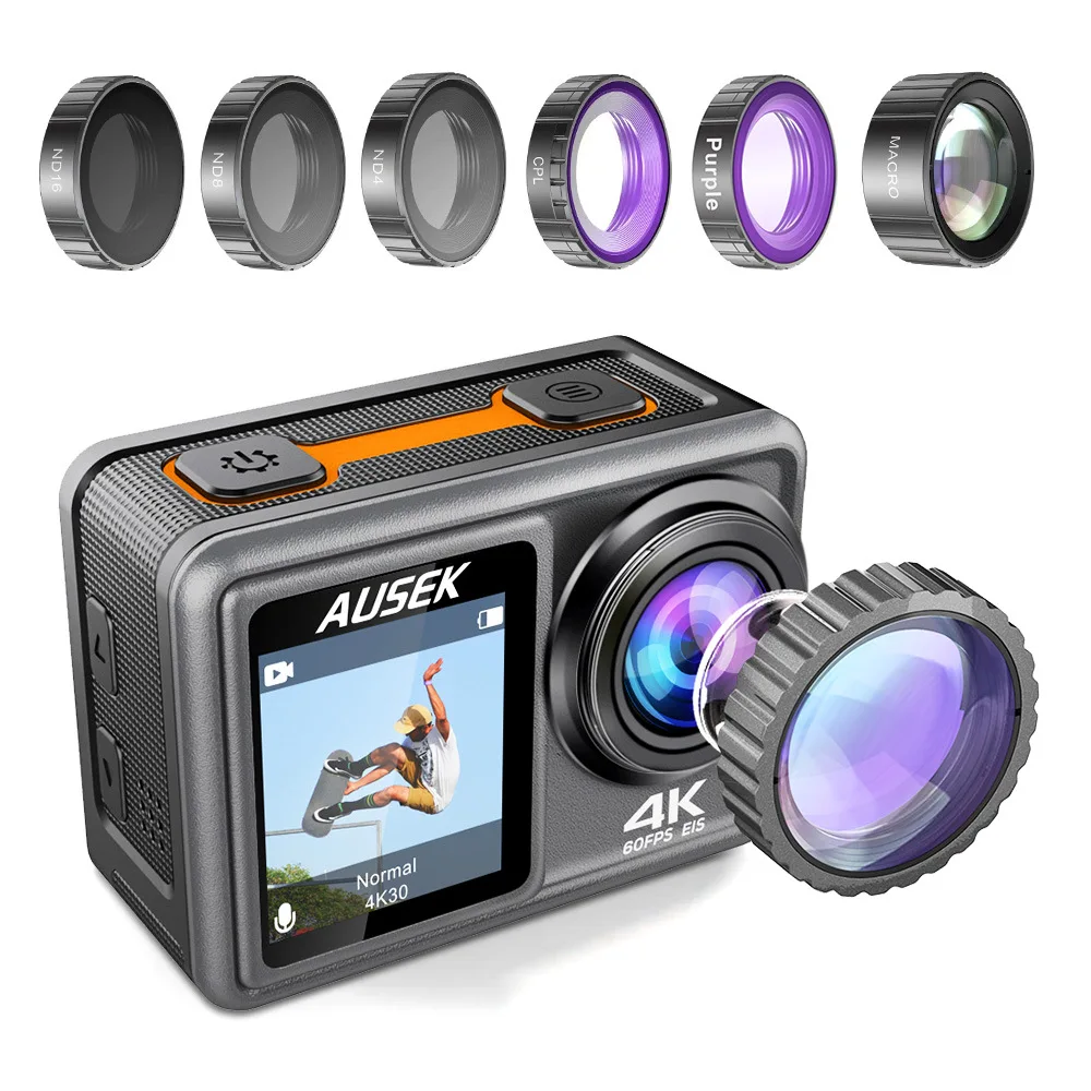 

Action Camera with Removable Filter Lens 4K 60FPS 20MP 2.0-inch LCD EIS Dual Screen Video Shooting Waterproof Shoot Cam DVR Lo