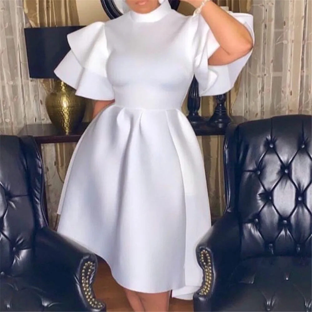 

2022 Women Fashion Dress Solid Color Double Ruffle Short Sleeve High Collar Pullover Zipper Patchwork Vintage Plus Size Dress