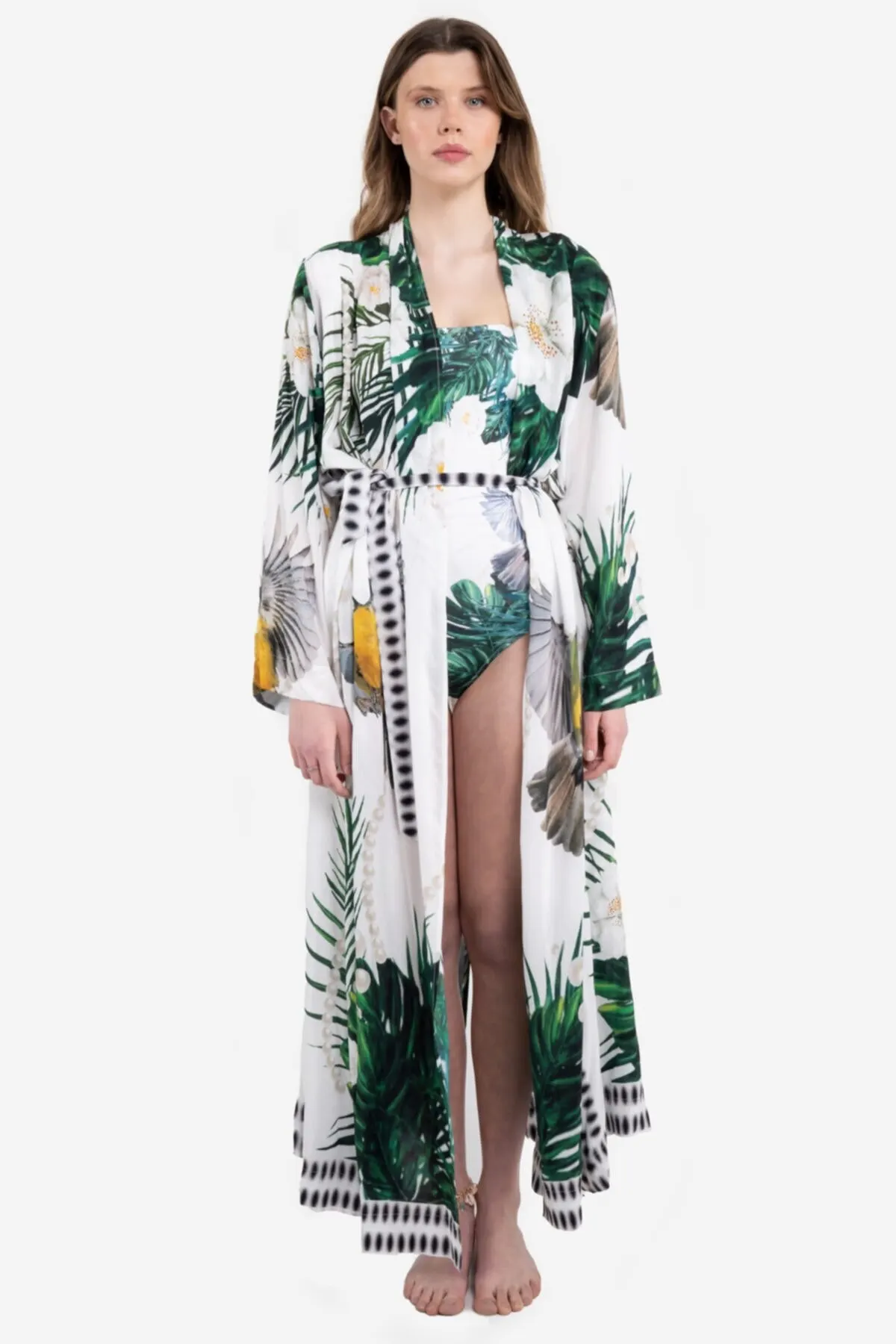 

Women's Pareo Belted Printed Kimono Swimwear Cover Dress Sexy Tunic Suit Beachwear Female Beach Bikini Cover