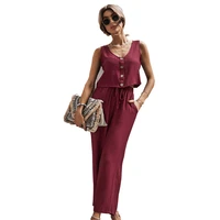 two piece tracksuit outfits straight pants suit sexy womens red sleeveless button top wide leg pants 2022 summer casual outfit