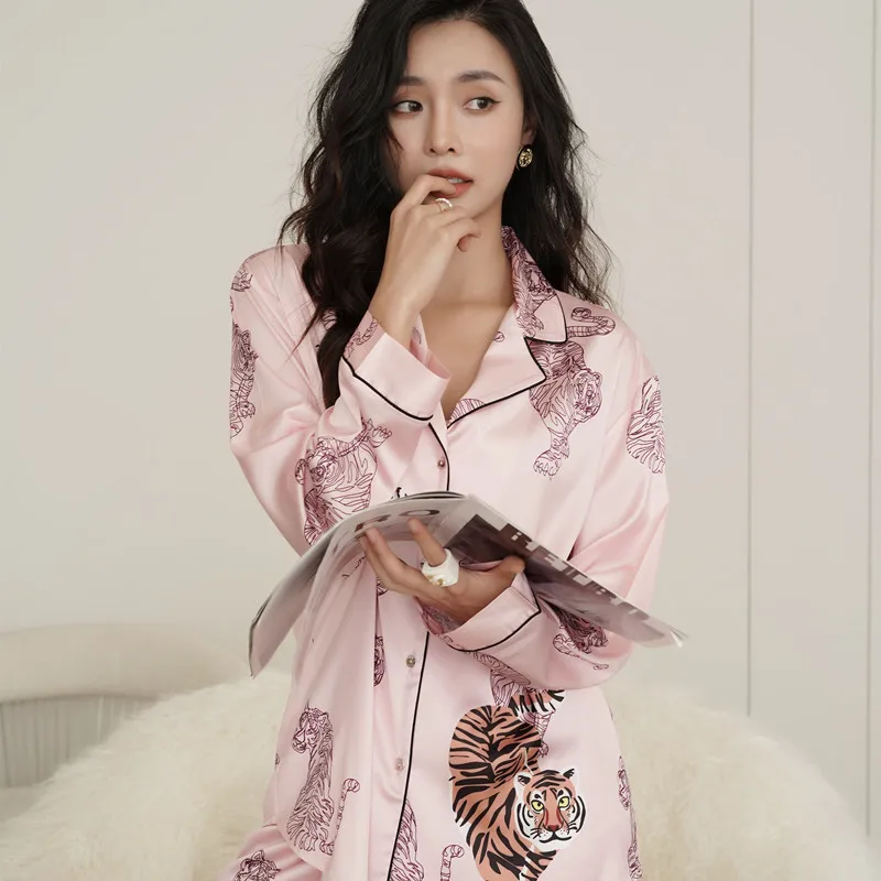 Chic Tiger Print Long Sleeve Pajamas Set For Women Spring Summer Ice Silk Loose Homewear Clothing Lady Sleepwear Night Suits