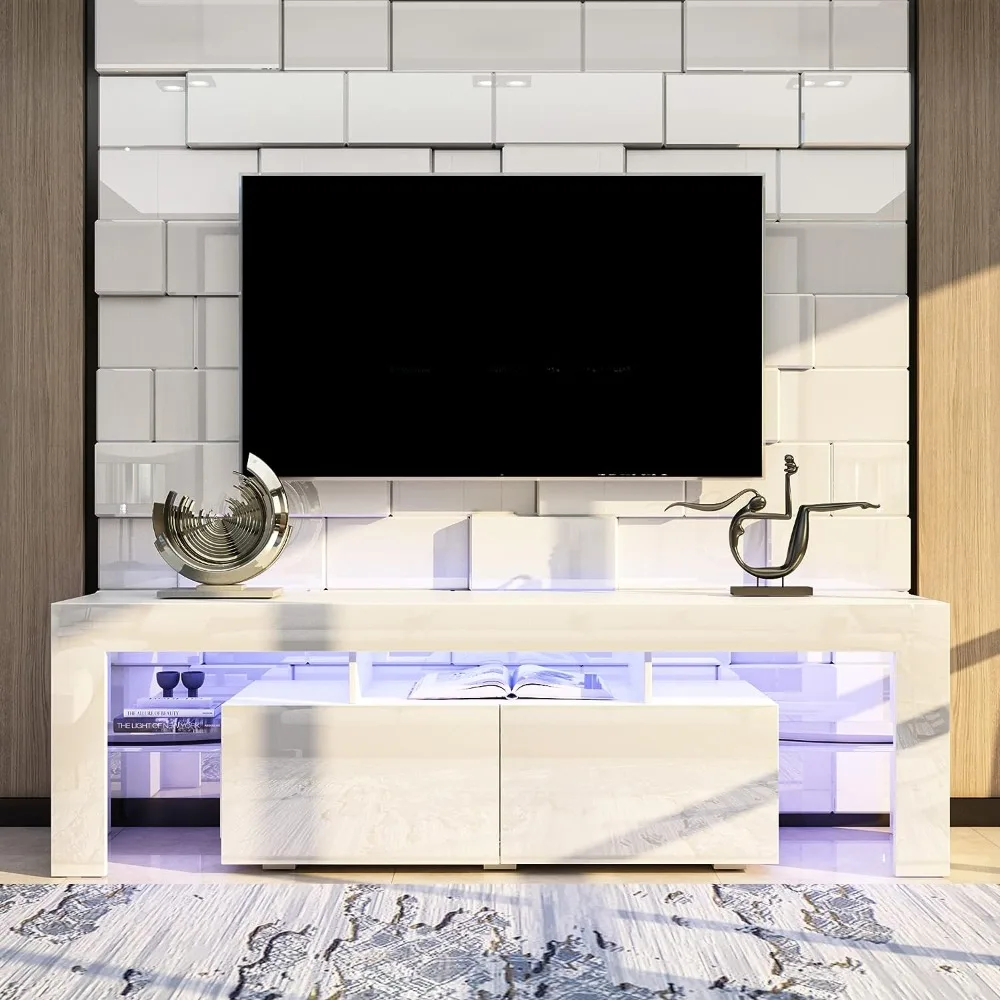 TV Stand for 70 Inch TV,White Entertainment Center with 2 Drawer,Modern Large High Gloss TV Cabinet with Storage for Living Room