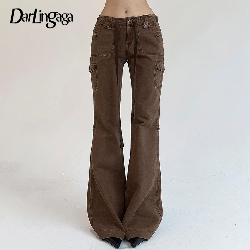 

Darlingaga Vintage Y2K Chic Brown Low Waisted Flared Jeans Stitched Streetwear Grunge Denim Trousers Korean Boot Cut Pants Slim