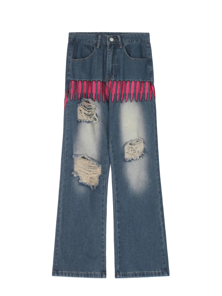 Four Seasons Men Jeans Retro Bullet Embroidered Ripped Pants Men High Street Trend Loose Straight Pants Streetwear Ins Hot Sale