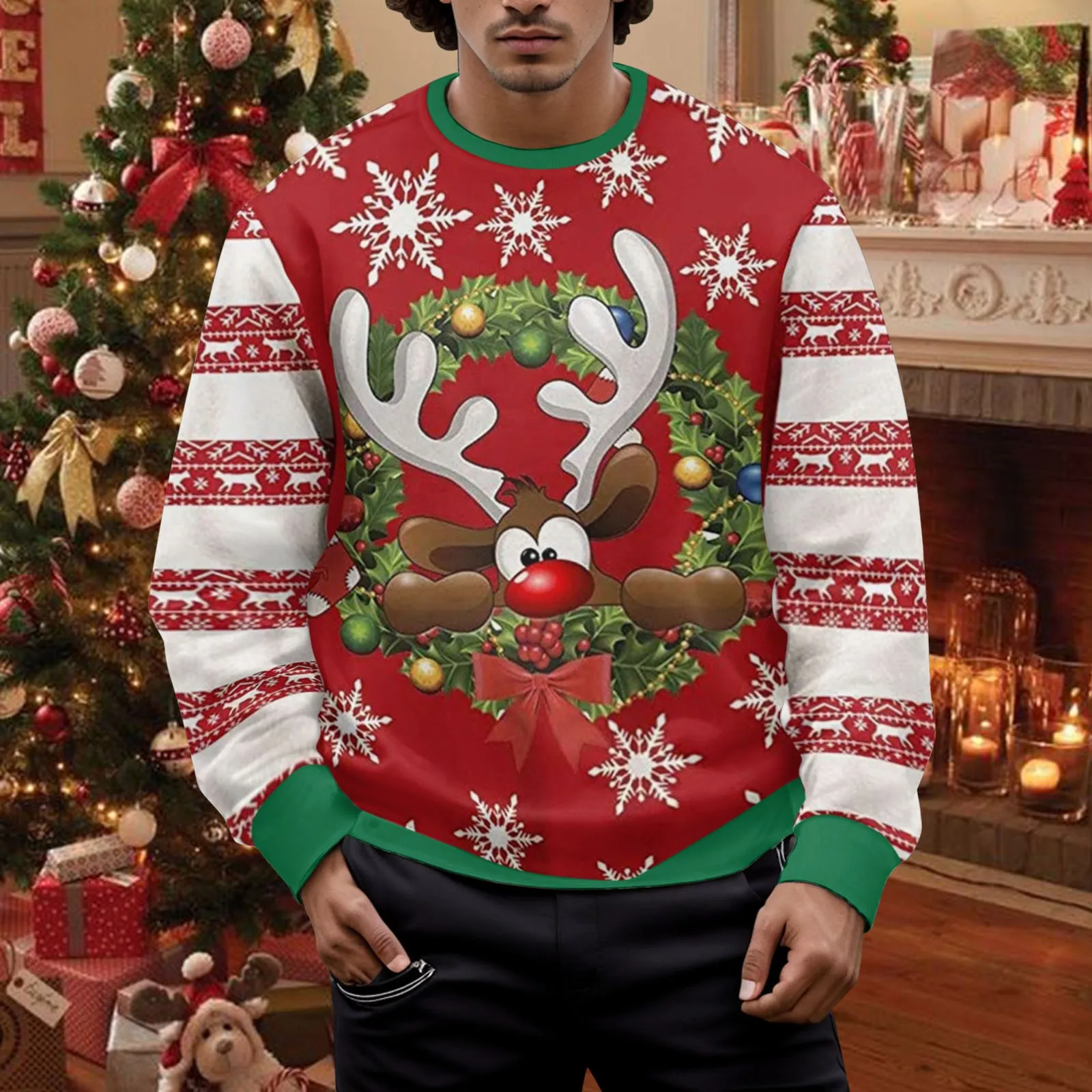 

Мужской Рождественский свитшот с забавным дизайном, с длинным рукавом и частичным принтом, толстовки без пальцев, куртка с капюшоном, базовый пуловер, Топ