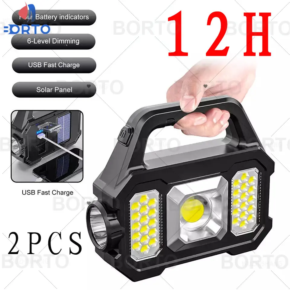 2PCPower Display Power Output Work Light Built-in Lithium Battery USB Charging and Solar Charging SMD COB LED Rechargeable Torch