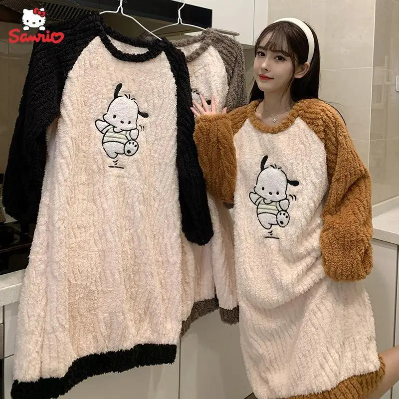 

Sanrios Anime Pochacco Kawaii Plush Coral Velvet Pajamas Cartoon Cute Winter Flannel Nightgown Home Wear Girl Christmas Gift