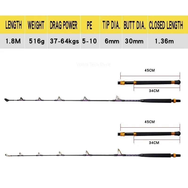 Фото Удилище Lurekiller Strong Power Carbon Game Rod для троллинга, 1.8 м, 37-64 кг, с роликовыми/СИК-втулками, для глубоководной морской рыбалки с лодки №2