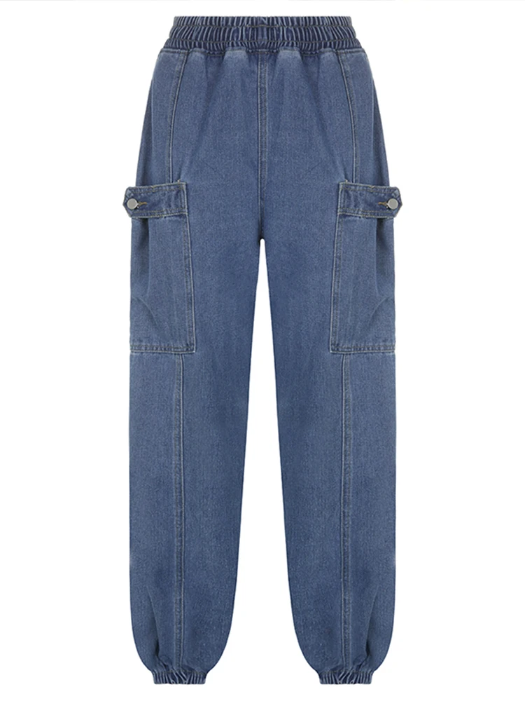 Casual Jeans Elastic High Waist Button Fly Pocket Denim Pants Streetwear Harem Sweatpants Women Baggy Basic Cargo Pants
