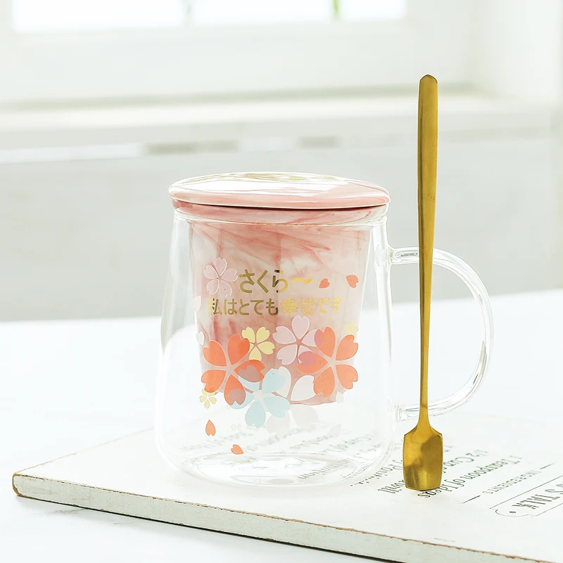 

500ml Sakura Mug Glass mug With Tea Infuser Cherry cup set Blossoms Flower Teacup Transparent Heat Resistant Glasses