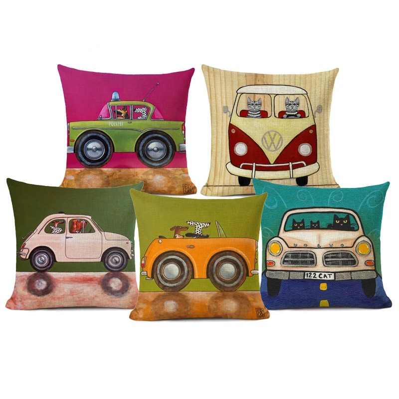 

Cute Cartoon Print Cushion Cover Cartoon Animal Dog In Car Pillowcase Farmhouse Linen Home Decor Pillow Case